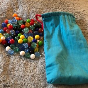 Colorful Glass Marbles with Teal Drawstring Pouch
